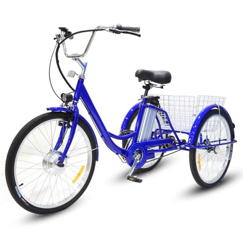 YXYSSMDGHY Triciclo Eléctrico De 350 W para Adultos, Bicicleta De 24 Pulgadas Y 3 Ruedas, Batería De Litio Extraíble De 36 V Y 12 Ah, con Cesta Grande, Capacidad De Carga De 150 Kg,Blue-A