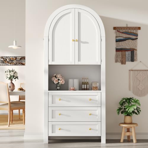 STAPERFO Armoire haute étroite avec 3 tiroirs et étagère ouverte - Armoire de rangement comme armoire polyvalente, armoire de cuisine ou buffet pour salon, forme arquée, MDF blanc, 70 x 35 x 180 cm