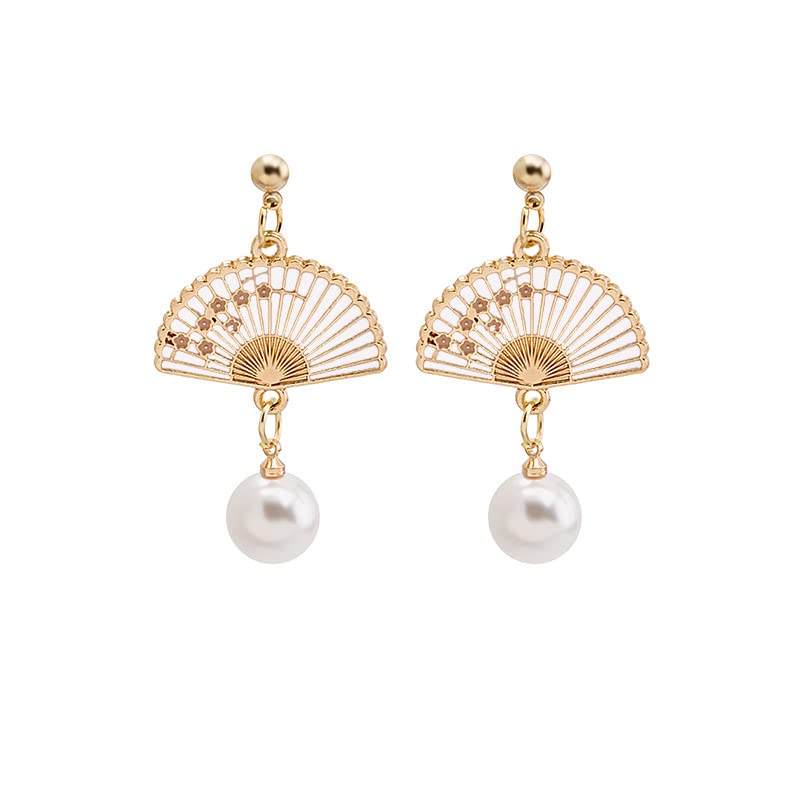 YUNXI Fan Pearl Earrings Sector Drop Small Fan Dangle Cute Retro Ethnic Pretty Stud Earrings
