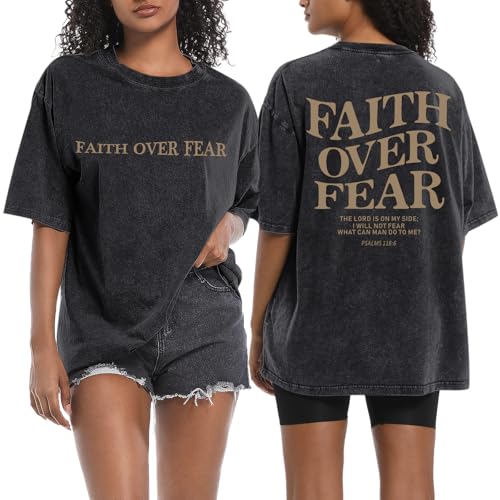 Faith Over Fear Christian Shirts for Women Oversized Jesus God Bible Verse Religious Tees Acid Wash Tshirts Tops