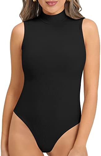 MANGOPOP Women’s Mock Turtleneck Sleeveless Tank Tops Ribbed Long Sleeve Bodysuit