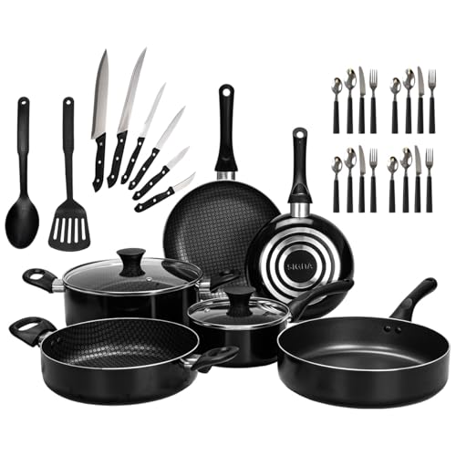 La Mejor Selección de Baterias de Cocina Coppel que Puedes Comprar On-line. 48 SIGNA Bateria De Sartenes De Aluminio Bateria De Cocina Con Revestimiento Antiadherente Juego De Ollas Y Sartenes Incluye Un Set De Cubiertos Completos 4 Personas 32 Piezas (Negra)