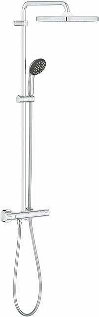 GROHE Vitalio Start 250 Cube - Shower System with Thermostatic Mixer and Cube 25cm Rain Shower Head (10cm 2 Spray Hand Shower, Swivel Arm, Smooth Clean Hose, Water Saving Technology), Chrome, 26696000