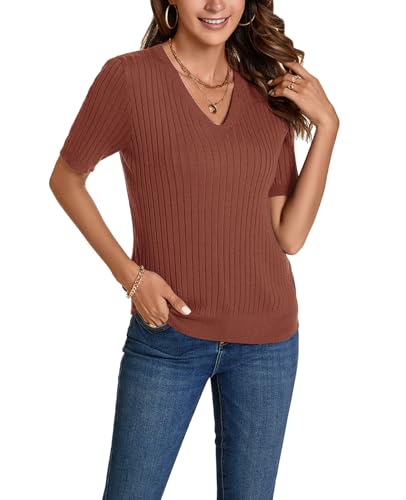 Image of Women Summer Knit Shirt Blouse V Neck Short Sleeve Pullover Sweater Tops