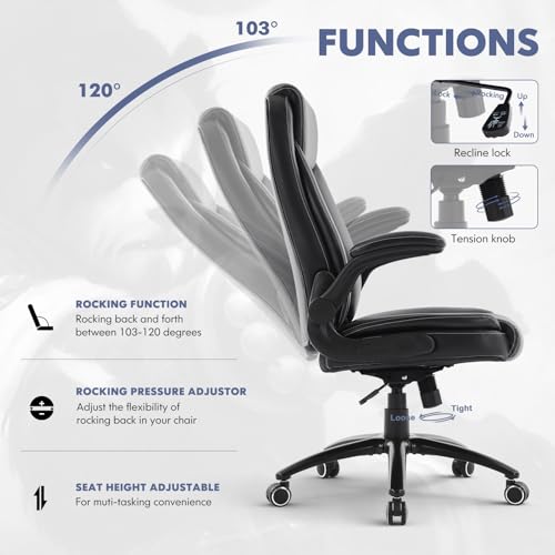 COLAMY Leather Executive Office Chair, Ergonomic Computer Chair with High Back, Spring Cushion Desk Chair for Home Office with Padded Flip-up Arm, Adjustable Tilt Lock, Black - Image 5