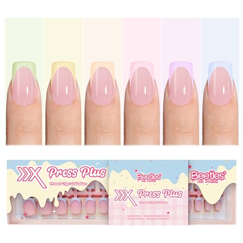 Beetles French Tips Press On Nails, Pastel Spring Nails Short Square 6 Colors 192 Pcs, Spring Fake Nail Tips,Pink Blue Green Soft Gel Nails False Nails Art DIY For Women
