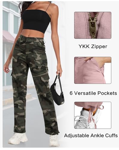 FREEOAK Women's Cargo Pants with Elastic Drawstring Y2K Baggy Pants for Fall 2025 Casual Wideleg Trousers Ankle Cuff Camo - Green