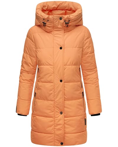 MARIKOO Damen Wintermantel warmer Steppmantel lang mit Kapuze und hohem Kragen Karumikoo XVI Apricot Sorbet Gr. 3XL