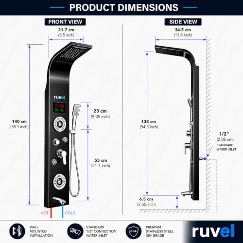 Image of RUVEL Shower Panel - Sayflow with 7-in-1 Hydro Powered LED Display, Rainfall Shower Head, Waterfall Shower, Dual Body Massage Jets, 360 Adjustable Mist Spray, Handheld Shower, Tub Spout