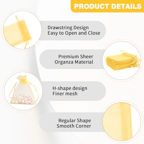 Image of Gold Organza Bags - 50 Pcs, Sheer 4 x 6 Inch Jewelry & Party Favor Bags with Drawstring, Mesh Gift Pouches for Wedding, Valentine's Day Party
