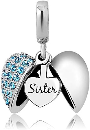 KunBead Open Heart I Love You Sister Charms Birthday Dangle Blue March Birthstone Bead for Bracelets and Charms