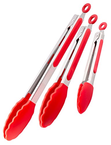 Tongs with Silicone Tips, Red 3-Pack Small, Medium & Large, Pair of Tongs for Every Job in the Kitchen or Barbecue, Commercial Grade Stainless Steel, Rubber Tipped & Locking for Easy Storage