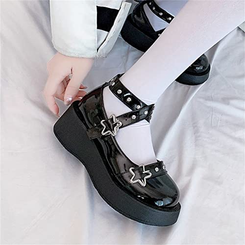 HOTRA Women Platform Wedge Mary Janes Shoes with Cross Strap Star Buckle Patent Leather Rivet Lolita Shoes Halloween Cosplay Shoes (Color : Black, Size : 9 US)4
