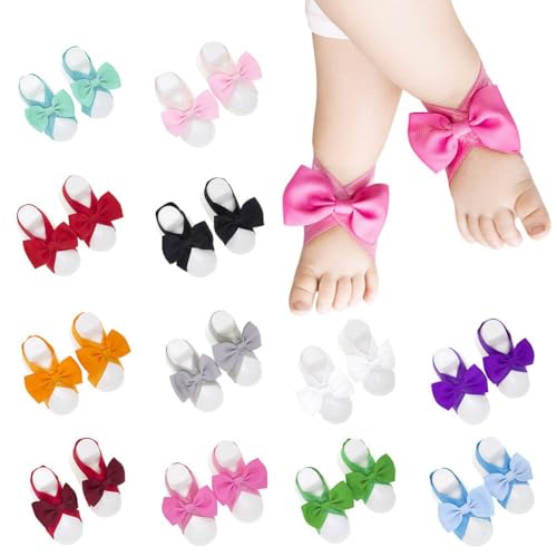 12 Pairs Baby Barefoot Sandals, Solid Color Baby Girl's Barefoot Sandals Flower for Girls 0-3 Months2