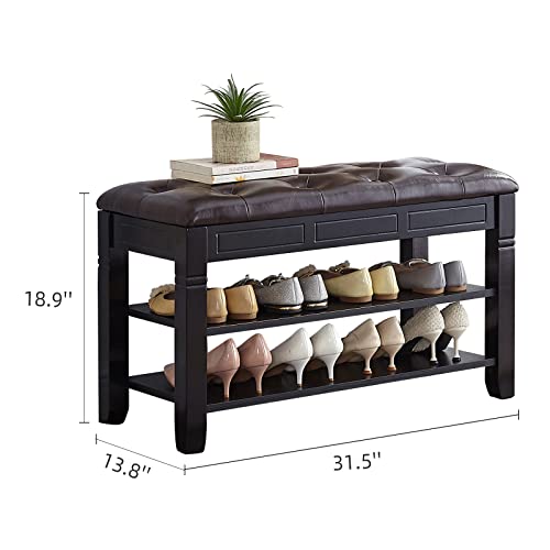 Zirkooon Shoe Storage Bench, Entryway Shoe Rack With Leather Seat 2-Tier Lift Top Organizer Wooden Bench For Entryway Hallway Living Room - Black (31.5X13.8X18.9'') #TOP1