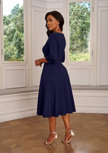 Image of Nmoder Midi Church Dress for Women A-Line Casual Work Dress | Flattering high-waist, 3 /4 sleeve work wedding guest dress with pockets, back zipper for easy on /off