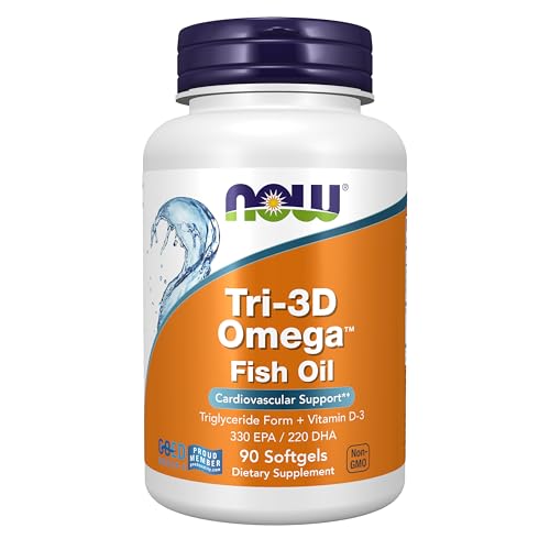 NOW Foods Supplements Tri-3D Omega Triglyceride Form of Omega-3 Fish Oil + Vitamin D-3 Molecularly Distilled 90 Softgels