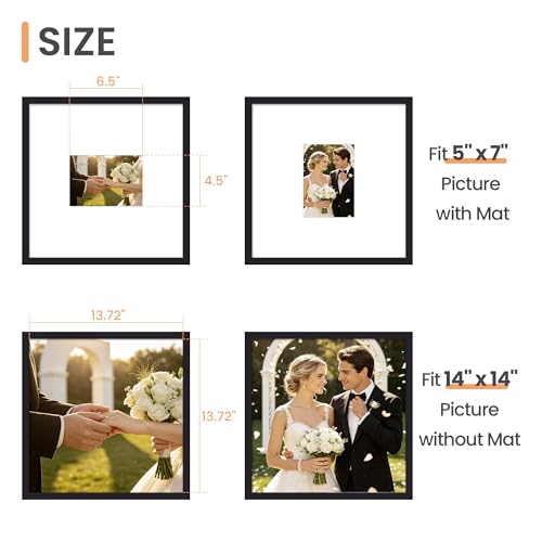 Image of upsimples 14x14 Picture Frame, Display Pictures 5x7 with Mat or 14x14 Without Mat,Wall Hanging Square Frames, Black, 1 Pack