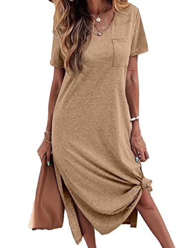 Image of Dyexces Women Summer T Shirt Dress Casual Short Sleeve V Neck Maxi Dresses Loose Side Slit Long Tshirt Dress with Pockets
