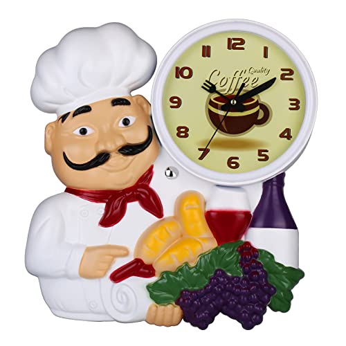 CIGERA Chef Kitchen Wall Clocks with 3D Chef Statue,Non-Ticking Coffee Dial Wall Clock and Battery Operated, Great Home Decor and Nice Gifts