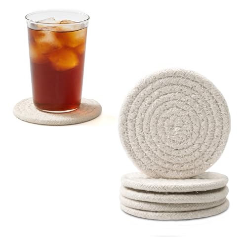 Image of Encasa XO Drink Coasters Set of 6 | Off White with Round (9 cm) | Handcrafted Ribbed Cotton | Absorbent & Heat-Resistant | Use for Tea, Coffee Table & Desk