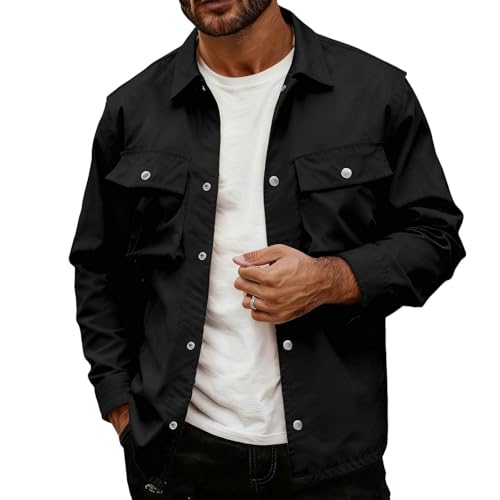 Mens Cargo Shirt Jacket Work Long Sleeve Shirts Tactical Button Down Workwear Twill Hiking Fishing Tops with Pocket Black