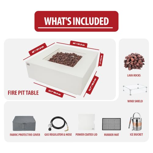 Image of AMS Creations | Brooklyn 40 inch Bundle Square Natural Gas Outdoor Fire Pit Table | Cream White Concrete GFRC Smooth Texture Surface Fire Pit Table