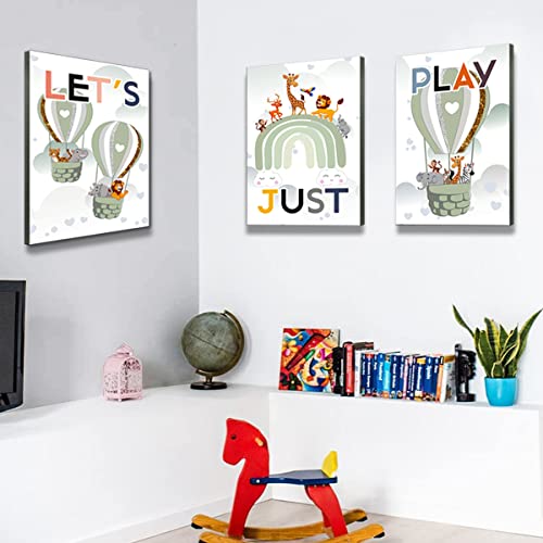 Framed 3Pces Kids Room Canvas Wall Art Decor Cute Color Animals Playroom Nursery Green Rainbow Hot Ball Poster Lion Giraffe Prints Picture Painting For Boys Girls Baby Bedroom Bathroom Gifts #TOP3