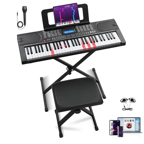 Ktaxon 61 Key Keyboard Piano, Electric Keyboard Piano with Clear LCD Screen, Breakthrough Bluetooth MIDI Capability, Adjustable Stand & Stool, Headphones, Microphone, Note Stickers(Compact- Black)