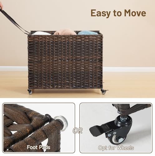 Laundry Hamper with Wheels, 52.8 Gallon(200L) Rolling Laundry Basket with Lid, 3-Section Rattan Clothes Hamper with 3 Removable Liner & 3 Mesh Bags, Laundry Sorter with Side Pocket, Brown - Image 6