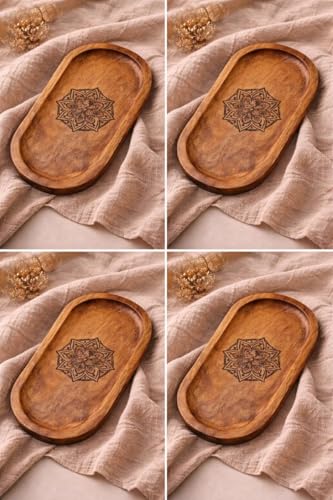 Image of Wooden Jewelry Tray, Oval Shape, L x B x H = 10 x 5 x 0.5 Inch Floral Design, Natural Wood Finish, Organizer for Rings, Necklaces, Earrings And Snacks Serving (Multi 3)