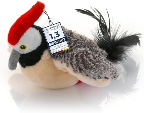 PetTec - Plush Toy Specht Katzenspielzeug interaktiv zur Selbstbeschäftigung - Plüschtier Katze beweglich & mit USB-C aufladbar inkl. Katzenminze - Weckt Jagdinstinkt mit Piepton &