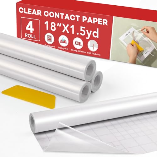 4 Rolls Clear Contact Paper Plastic Book Covers 18 in x 4.5 ft Contact Paper Peel and Stick Clear Self Adhesive Protective Liner Papers Protector for Crafts Paperback Textbook Hard Covers Documents