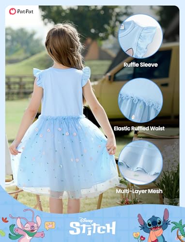 Image of Disney Princess Frozen Elsa Minnie Stitch Toddler Girl Tulle Tutu Dress Ruffle Sleeve Mesh Summer Birthday Party Clothes 2-9Y