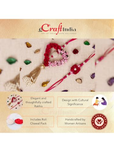 Image of eCraftIndia Boy's Golden & White Beads, Pearl, Diamond Designer Bhaiya Bhabhi Rakhis With Roli Chawal