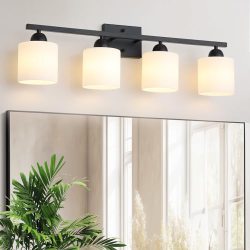 Mecgirn Milk Glass Vanity Lights for Bathroom, 4 Light Matte Black Bathroom Light Fixtures Over...
