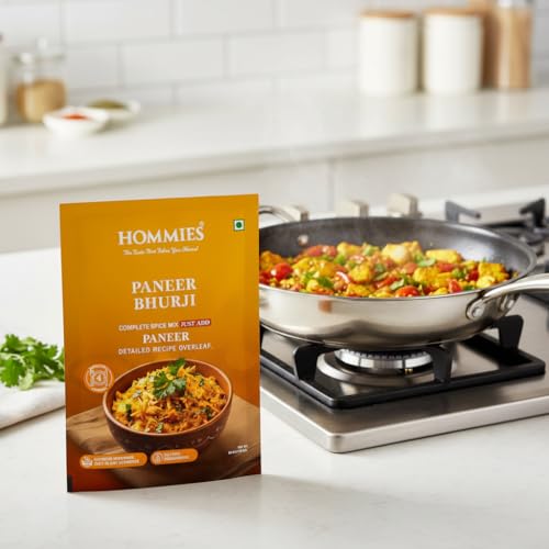 Image of Hommies Dhaba Style Paneer Curry Spice Mix Combo (4 Varieties) | Butter Masala, Makhanwala, Tikka Masala & Bhurji | Ready to Cook in 15 Mins | Just Add Paneer & Milk | Shahi Curry with Cashew Nuts | No Preservatives | Pack of 4 (50g Each, Total 200g)