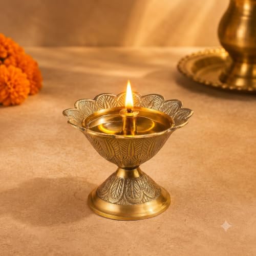 Image of Pure Source India Brass Akhand Diya /Oil Lamp for Pooja, Mandir and Home Decoration (L-2.75inch) 1pcs