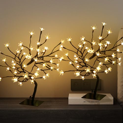 JoyHue 2PK Cherry Blossom Tree Lights,Artificial Bonsai Tree with 48 Warm White Led Lights, 16.2 Inch Prelit Cherry Blossom Lamp for Christmas Party Wedding Gift Home Tabletop Decoration