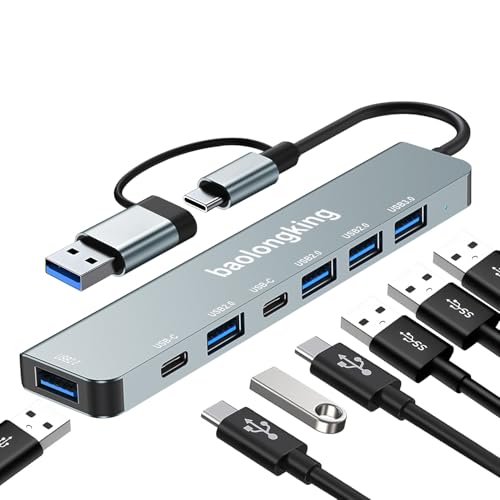 Adattatore multi-porta USB-C 7 in 1: l'hub USB C 7 in 1 con robusto e durevole grazie all'alloggiamento in alluminio, questo è un connettore molto utile per chiunque abbia un dispositivo limitato a connessioni USB-C, che desidera aggiungere la flessibilità dei dispositivi legacy USB 2.0, USB 3.0 o per il trasferimento dati USB-C. Contiene 2 porte dati USB-C, 1 USB 3.0 e 3 USB 2.0. L'adattatore multiporta hub USB C offre ampie opzioni di connettività per periferiche come dischi rigidi esterni, tastiere e mouse.