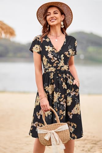 Image of Newshows Women's Pockets Wrap V Neck Floral Summer Vacation Casual Sundress | Wrinkle Free, Stretchy, Summer Beach Floral Sundress 2026, Casual Dress for Vacation, Guaduation, Side Pockets, A-line