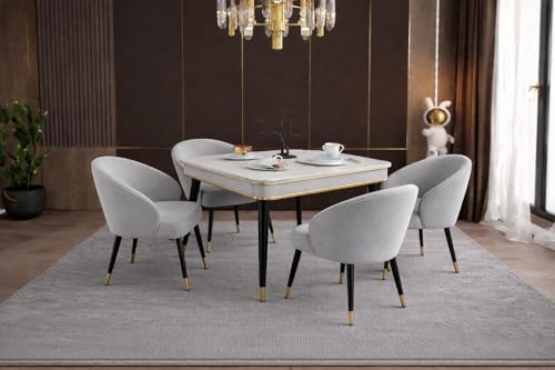 Image of WOODEN SPACE 4 Seater Wooden Dining Table Set | Urban Marble Top Dining Table with Chairs for Dining Room & Kitchen (Modern Classic Light Grey) (42 x 42 x 30 inch)