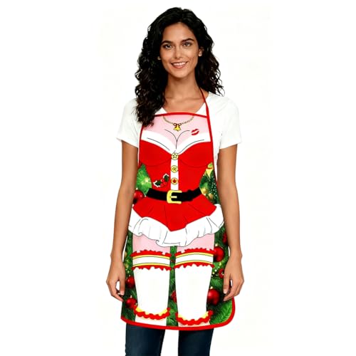 Image of LONTG Christmas Aprons for Men Women Snowman Kitchen Elk Cartoon Santa Claus Apron Red Pinafore Aprons Dinner Party Novelty Apron Decor for Chef Cooking Restaurant Xmas House Cleaning Baking(60x80cm)