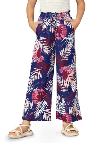 Image of Girls Summer Floral Wide Leg Pants High Waisted Flowy Dress Trousers with Pockets for School Lounge Beach 5-14 Years
