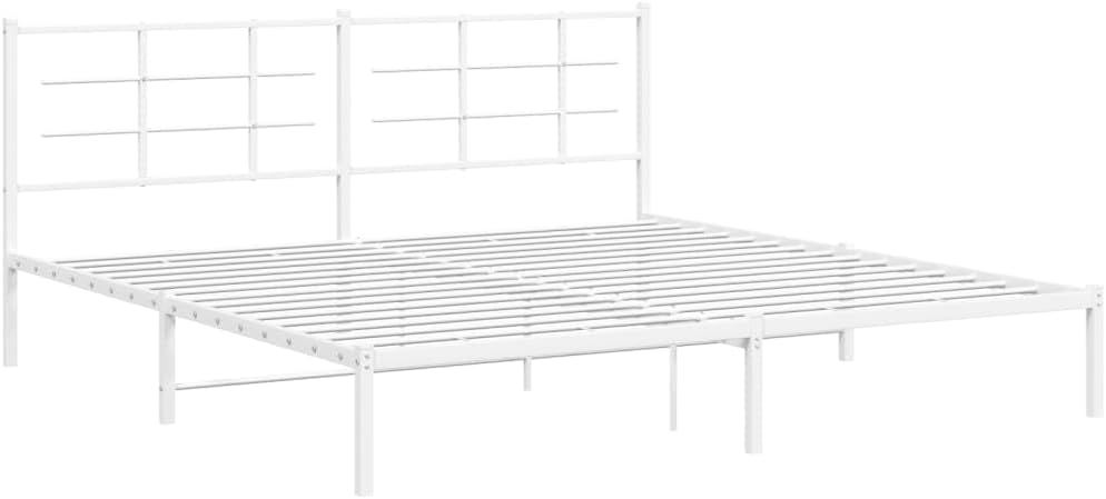 White Powder-Coated Steel Bed Frame Double Size with Headboard Modern Minimalist Bedroom Furniture Sturdy Heavy-Duty Platform Foundation for Mattress Support