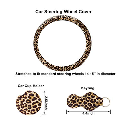 FAVOMOTO 4 Pcs Tampa Do Volante Do Carro Com Chaveiro Copo Porta Copos Com Estampa de Leopardo Prote