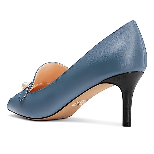 HEUIVZAR Womens Mid Kitten Heel Pointed Toe Slip-on Pumps Pearls Buckle Party Dress 2.6 Inches Heels3