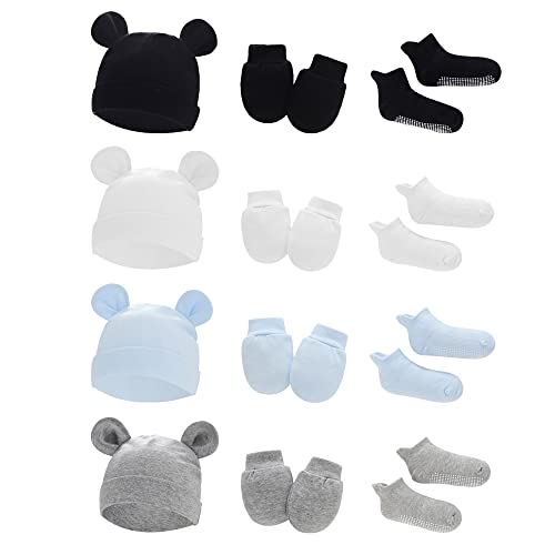 Image of UTTPLL Newborn Infant Beanie Hat Mittens Socks Gift Set Toddler Baby Girl Boy Bear Ears Beanie Cotton Mittens Non-Slip Ankle Socks 0-6 Month White & Black & Light Blue & Grey