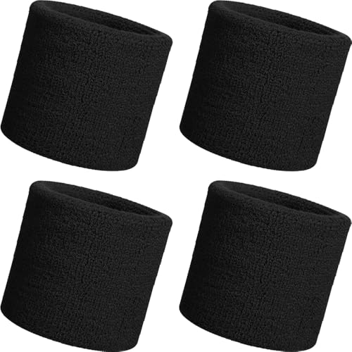 リストバンド 4個セット 8×8cm 汗拭き 汗対策 スポーツ・洗顔用 吸水 通気 伸縮 肌触り良し 手首サポーター 手首保護 テニス バドミントン ランニング 男女兼用 子供から大人まで使える (ブラック＋ブラック)の商品画像（Amazon）