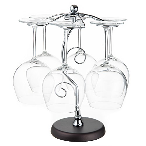 MyGift 6-Hook Artistic Elegant Freestanding Silver Metal Countertop Wine Glass Holder Stand Stemware Rack, Air Drying System Tree Display